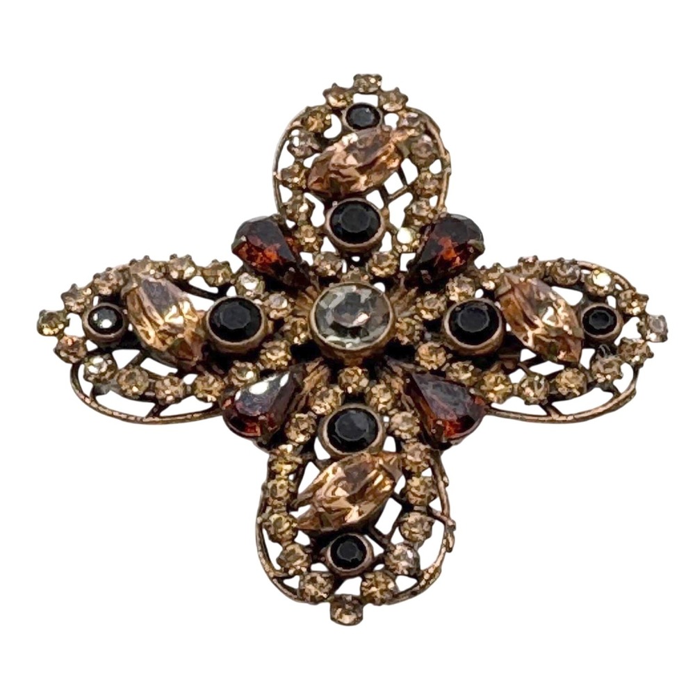 Liz Palacios SF Swarovski Crystal Filigree Cross Brooch Amber Gold Tone Vintage